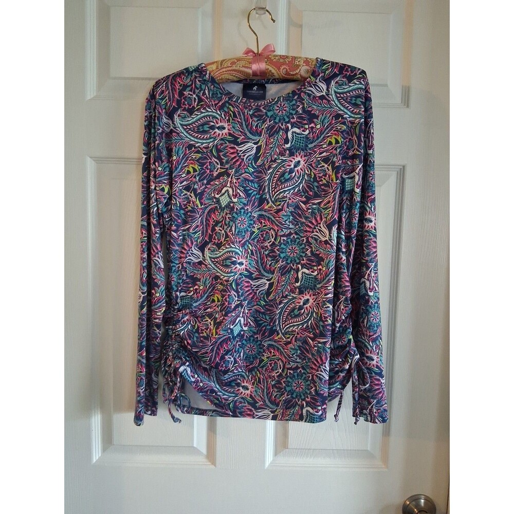 Caribbean Joe Multicolor Paisley Knit Pullover Top L, 3/4 Sleeve, Drawstring